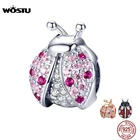 Женский браслет WOSTU, из 100% стерлингового серебра 925 пробы, с розовыми бусинами в виде божьей коровки, подходит к оригинальному браслету, подвесному ожерелию, роскошные украшения CQC1120