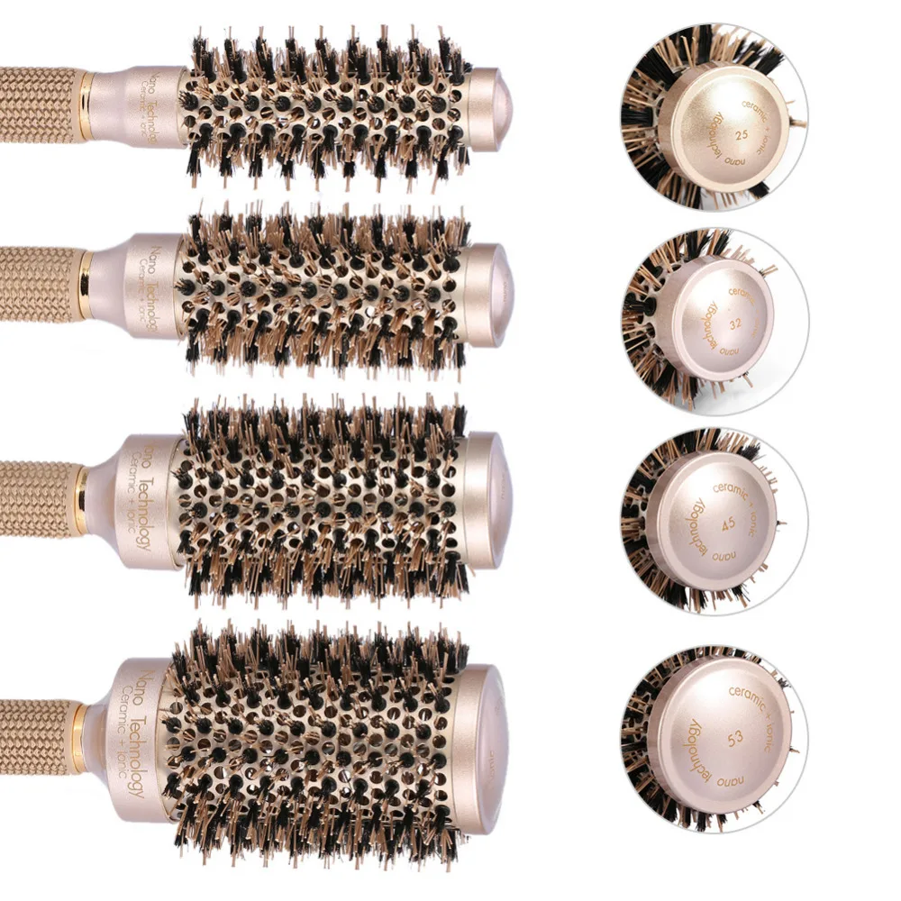 

4 Size Ceramic Iron Hair Brush High Temperature Resistant Round Barrel Comb Teeth Anti-static Hairstyling Drying Curling Tool