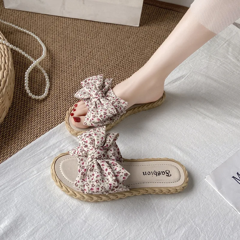 

Ladies I New Style Bowknot Slippers Fashion Outer Wear Summer Beach Shoes Sandals Flat-soled Flip-flops Women