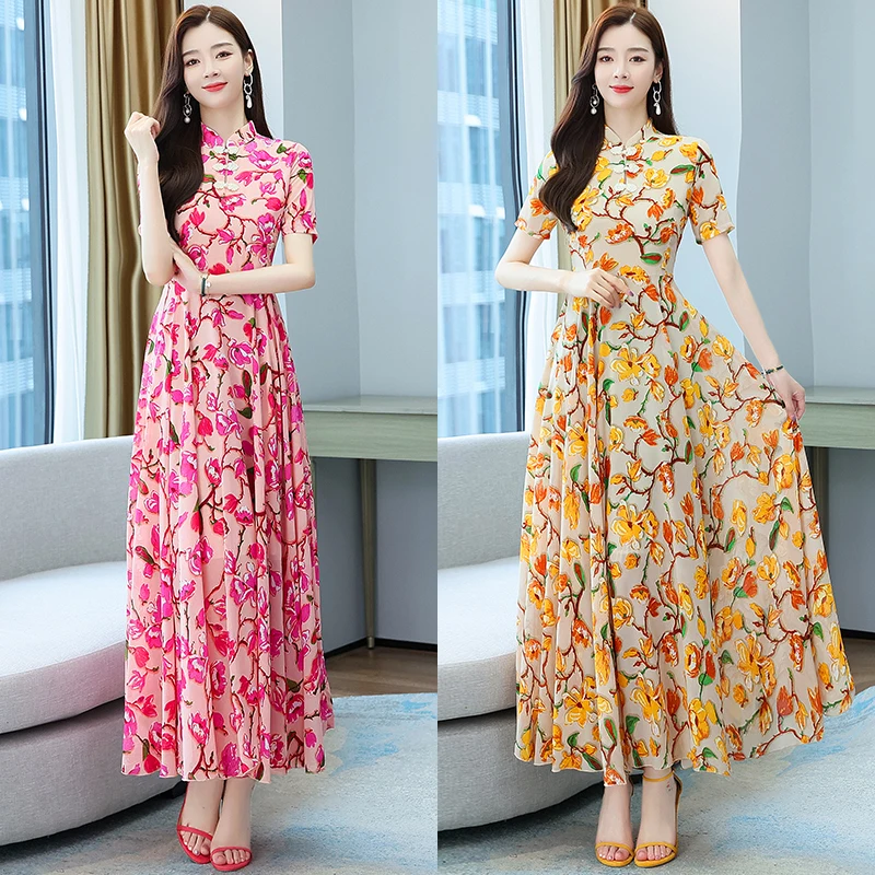 

Chiffon Slim Women's Dress Short Sleeve New Casual Fashion Mid-length Dresses Flower Stitching Buttons V-neck Summer Houthion