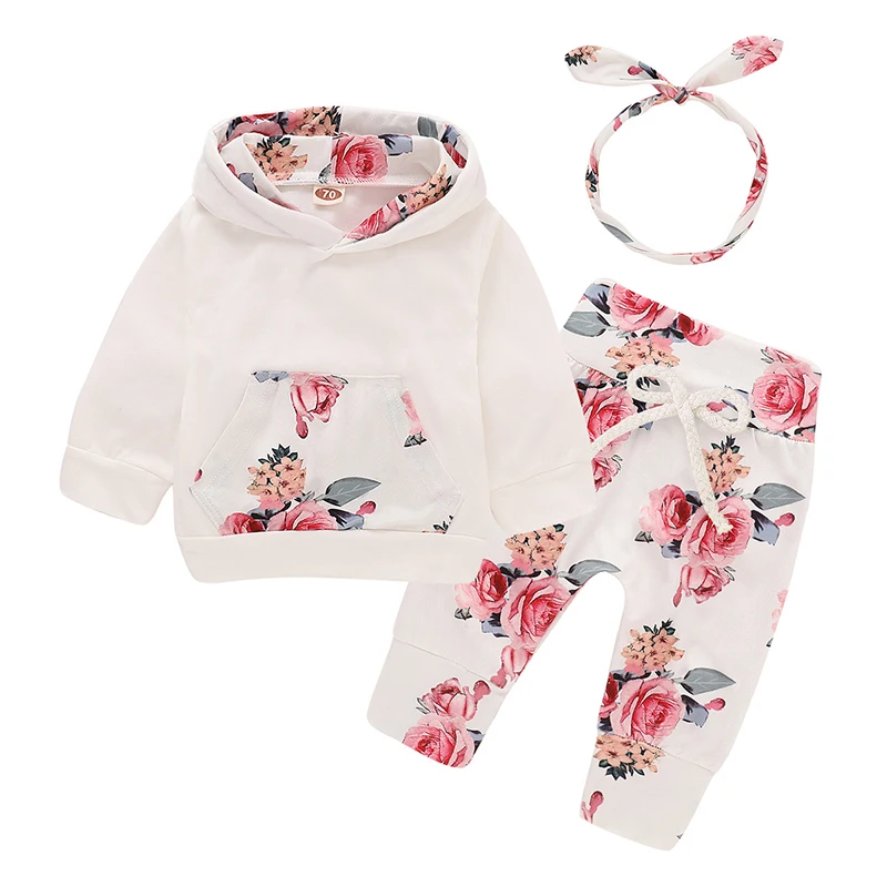 3PCS Floral Print Long Sleeve Baby Set Organic Cotton Spring Autumn Baby Toddler Children Girls Clothes With Pants Headband