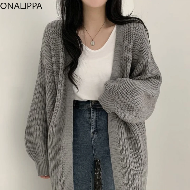 

ONALIPPA Cardigan Korean 21 Autumn Winter Chic Simple Lazy Style V Neck Loose All Match Long Lantern Sleeve Knit Sweater Jacket