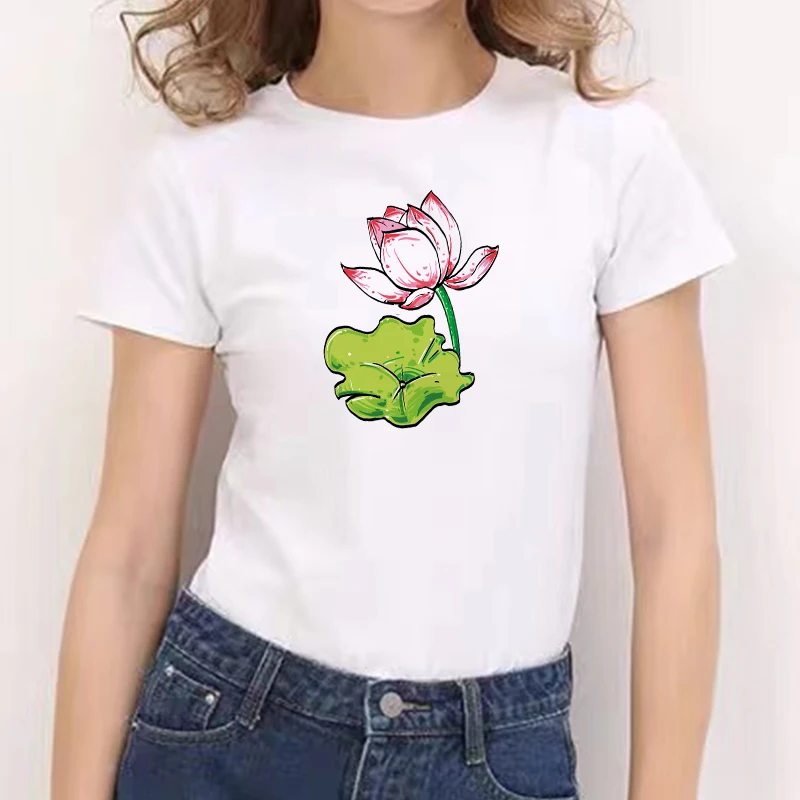 

Graphic Tees Tops Lotus Tshirts Women Funny T Shirt White Tops Casual Short Camisetas Mujer_T-Shirt O-neck T-shirt
