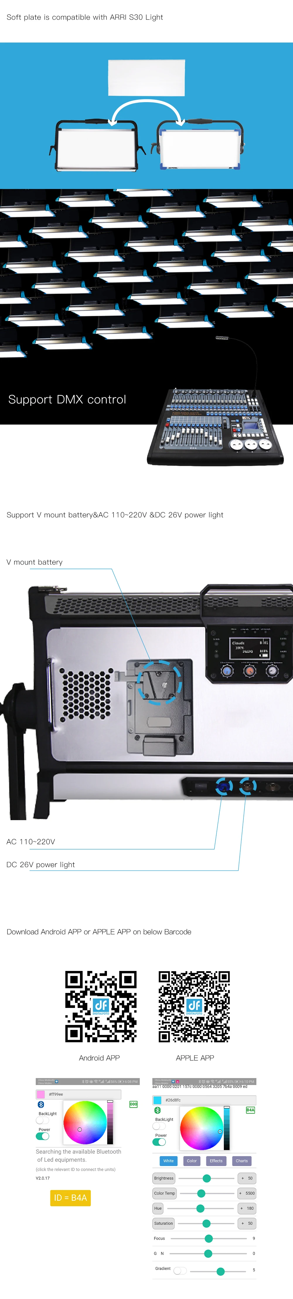 300 Вт полноцветный RGB светодиодный светильник, непрерывный видео мягкий светильник 2800-9990 k, управление через приложение, затемнение с 12 цветовым эффектом, PK ARRI S60 для St