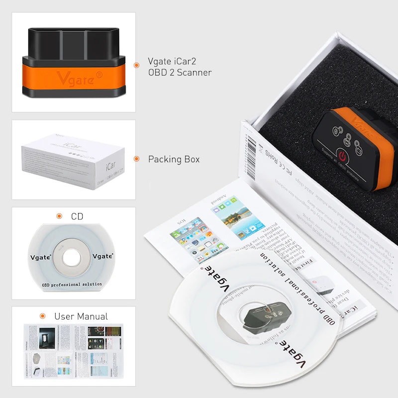 Автомобильный диагностический сканер Vgate ICar2 ELM327 Bluetooth Elm 327 V2.1 Obd 2 Wi-Fi Icar