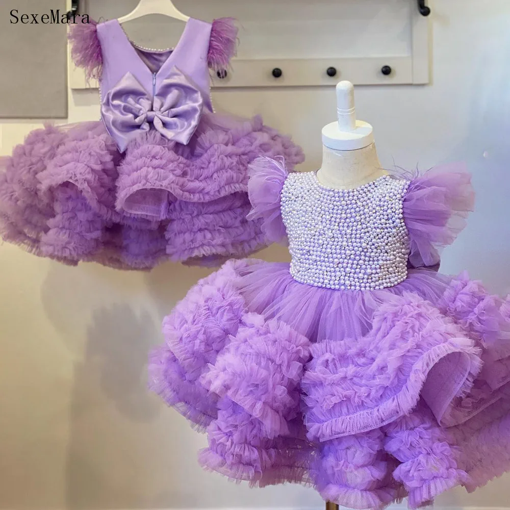 

Purple Princess Dress Pearls Beaded Puffy First Birthday Dress Flower Girl Dresses Cute Children Girls Dress Photography