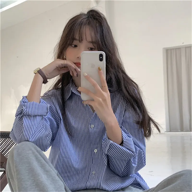 

HziriP 2021 Blue All Match Fashion Female New Arrival Chic Casual Striped Women's Versatile Loose Streetwear Long Sleeves Shirts