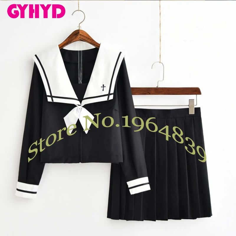 Long Sleeve Set В стиле японской школьницы, униформа для девочек, с вышивкой, японский топ+ юбка+ галстук, школьная одежда, униформа, костюм Юнга, черно-белого цвета - Цвет: Long Sleeve Set