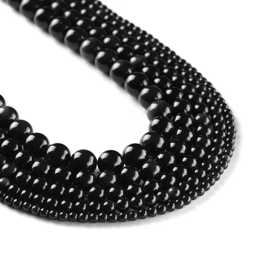 

Genuine Natural Black Obsidian Loose Beads ,Smooth and Round Stone Beads,15 inches starand 4mm 6mm 8mm 10mm 12mm