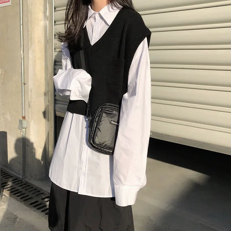 Женский трикотажный жилет Однотонный свитер в Корейском стиле с V-образным