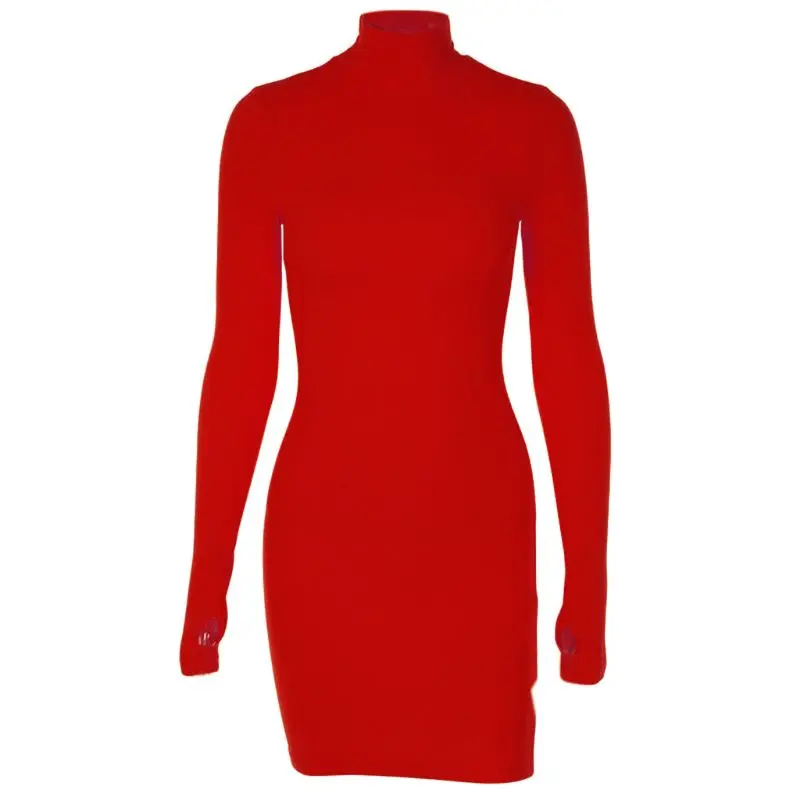 

67JF Women Turtleneck Long Sleeve Ribbed Knit Bodycon Mini Dress with Thumb Hole Sexy Bright Neon Solid Color Party Clubwear