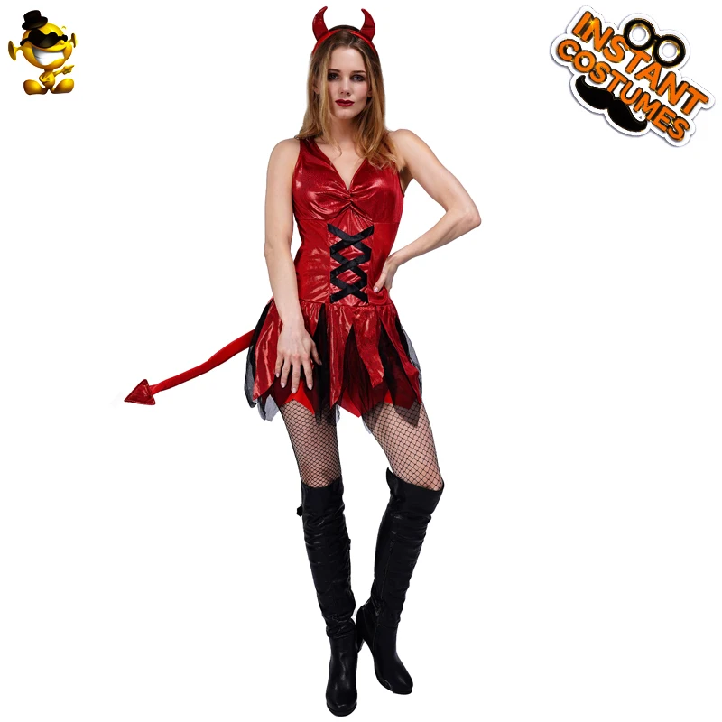 

Women's Sexy Red Devil Costume with Tail Halloween Role Play Party Fancy Dress Up Cosplay Devil Outfits for Adult Female