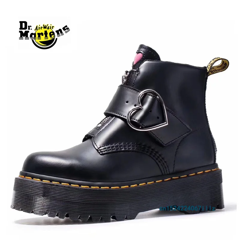 

Dr.Martens Women Sweet Heart Buckle Genuine Leather Doc Martin Boots Girl Female Lovely Platform Zipper Chunky Heel Flats Shoes