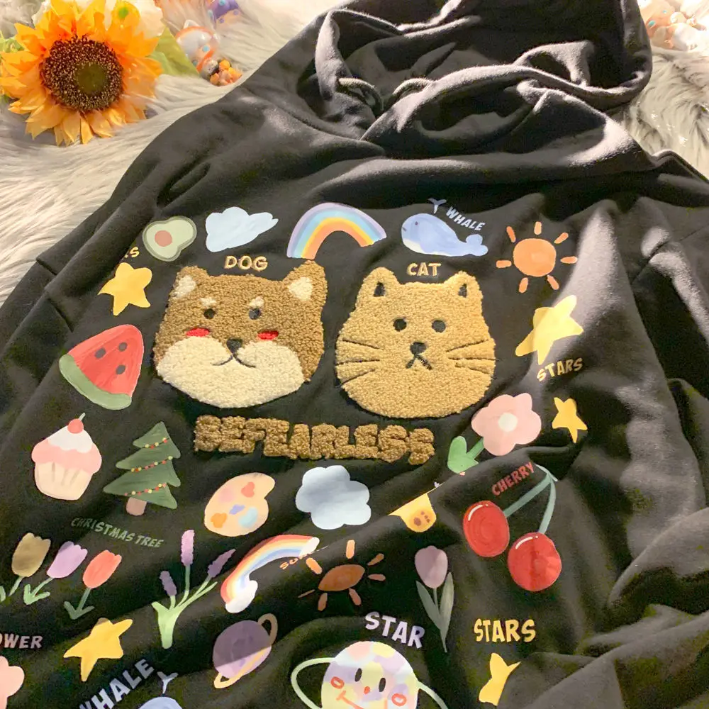 Худи женское с вышивкой в виде кошки батальных размеров|Женские толстовки и