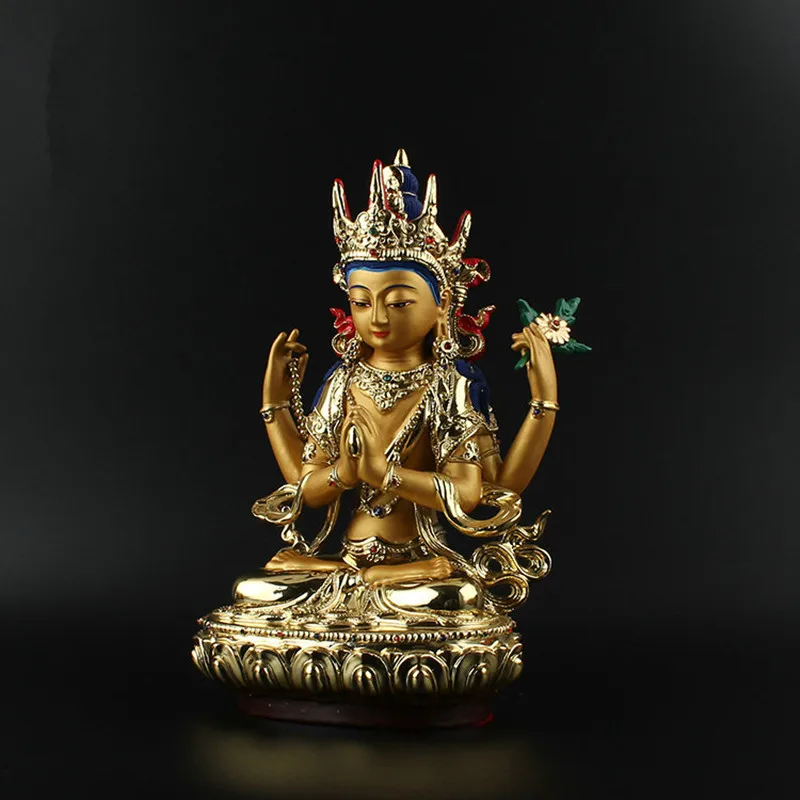 26 см золотое покрытие цветной Тибетский транский четыре-Armed Guanyin/avalokitesvara bodhisattva статуя Будды украшение