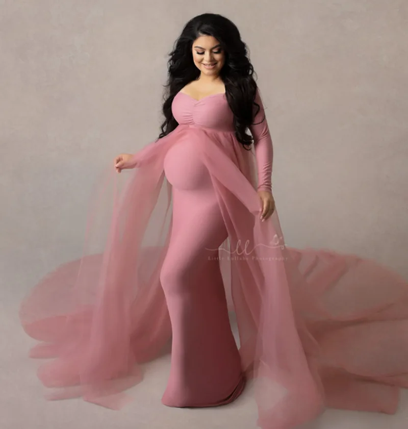 

Christmas Maternity Tulle Long Dresses Baby Shower Cotton Dress Stretchy Pregnancy Photography Dress with Cape Long Train