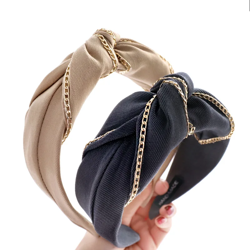 New Gold Chains Decorated Headbands for Women Top Quality Solid Hairbands Knot Ladies Elegant Bow Knotted Headband Hair Hoop