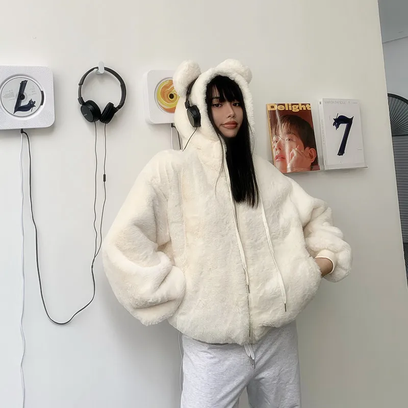 

Lovely Ears Hooded Student Coat Thickened Plus Velvet Loose Warm Jacket Solid Color White Drawstring Zipper Outwear