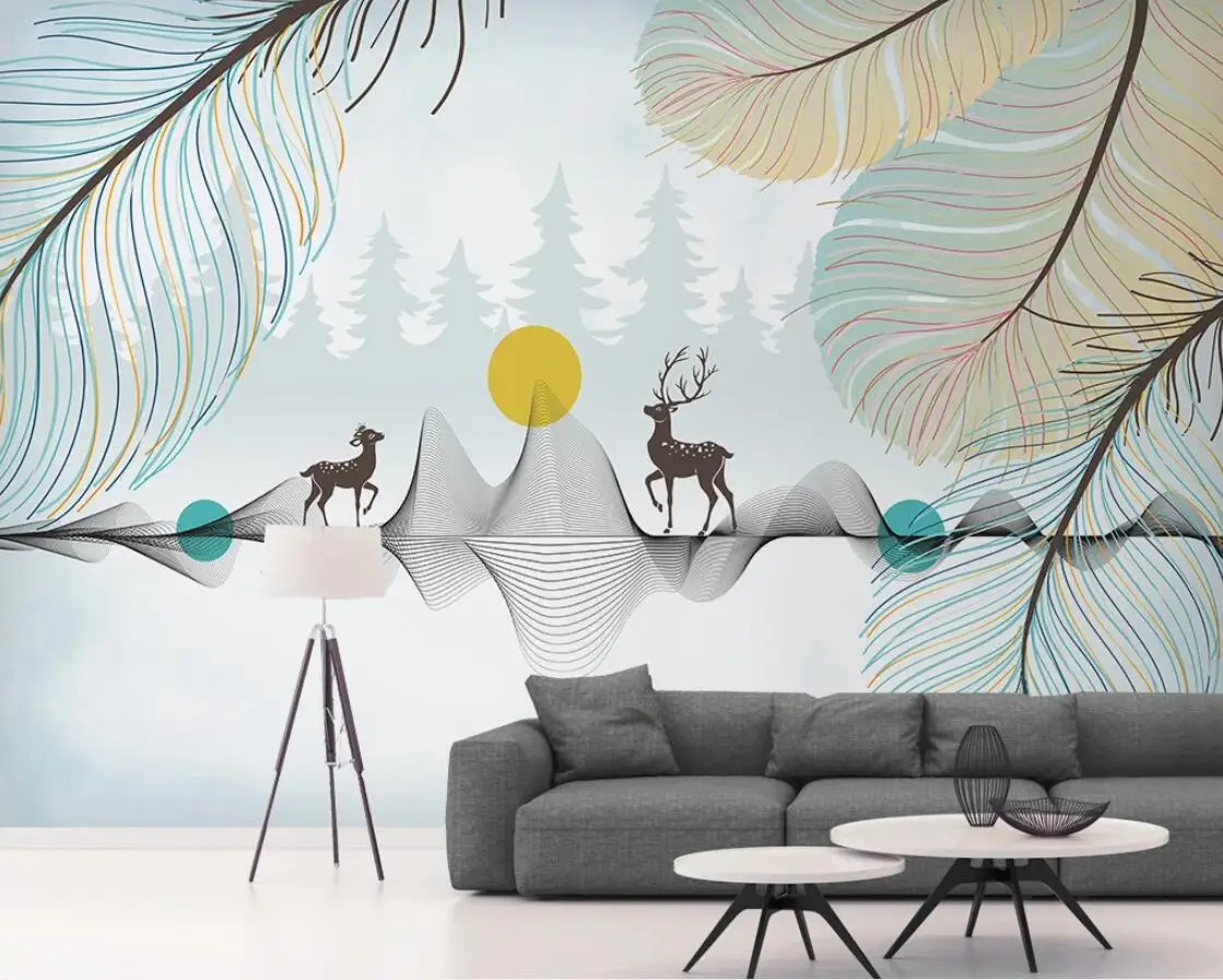 Настенная роспись с синими перьями и деревьями для детской спальни обои большим