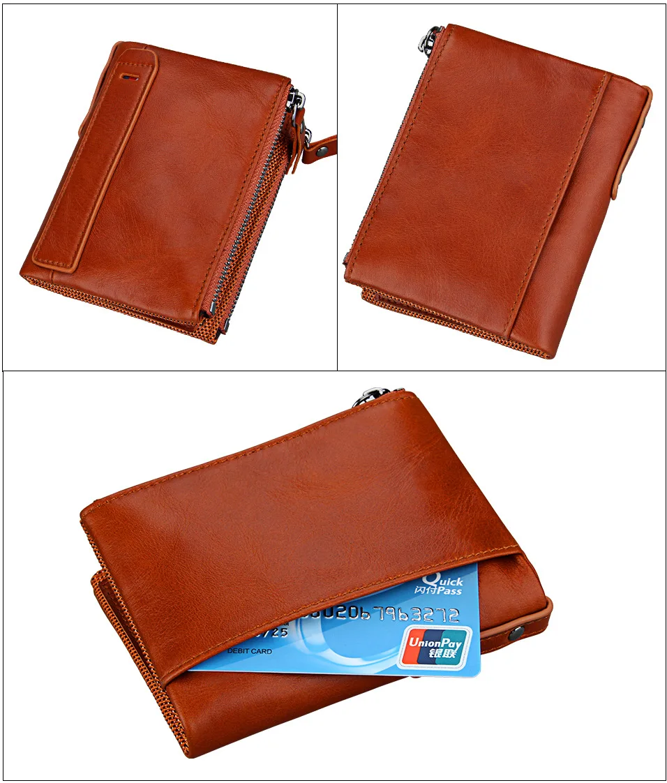 Мужские кошельки из натуральной коровьей кожи, RFID, двойная молния, короткие кошельки, держатель для карт, карман для монет, Ретро стиль, высокое качество, Брендовые мужские кошельки