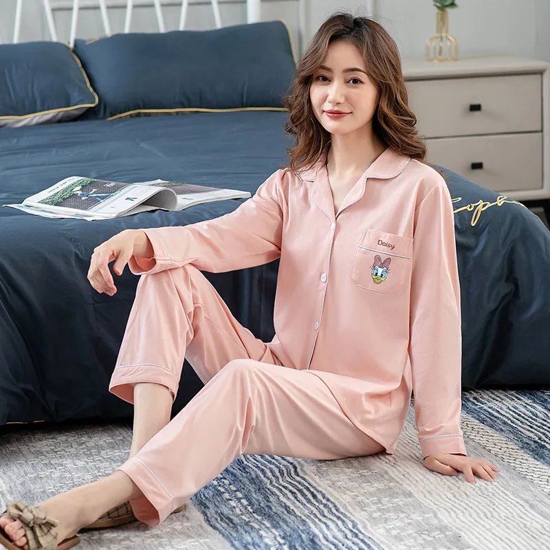 Spring Autumn New Pajamas Women's Solid Color Long Sleeve Nightgown & Sleepstirts Suit Lapel Home Wear Sleepwear Full Length
