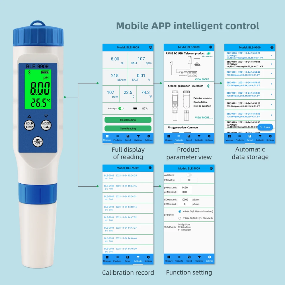 Yieryi Bluetooth-совместимый измеритель PH/TDS/EC/солености/температуры воды ручка ATC APP