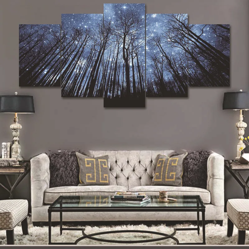 Night Sky Star Forest Landscape 5 Panel Canvas Painting Print Living Room Home Decor Modern Wall Art Oil Poster Picture | Дом и сад