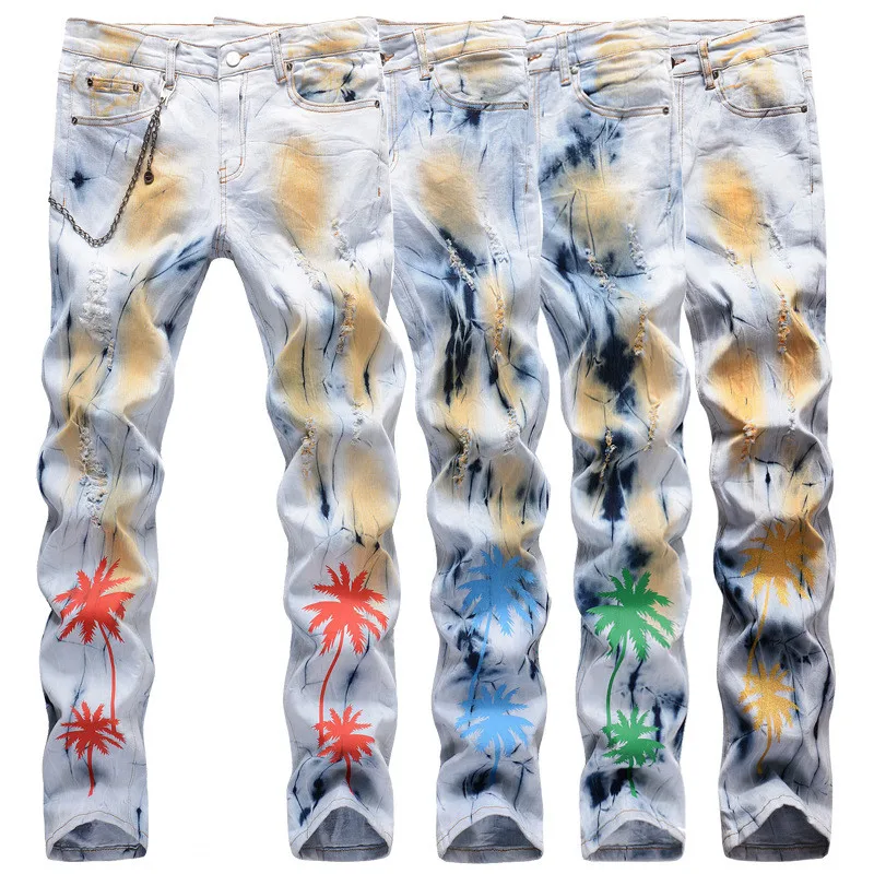 

Hip hop jeans men Slim skinny jeans fashion high quality cotton Tie dye printing trousers male ripped jeans