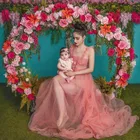 Соблазнительные мягкие тюлевые платья для беременных без рукавов с круглым вырезом и оборками, Прозрачная Юбка с шлейфом, длинный женский халат для беременных