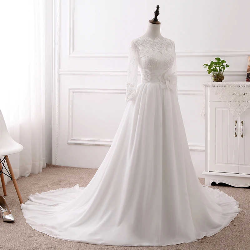 Платье Свадебное ТРАПЕЦИЕВИДНОЕ с длинным рукавом вырезом лодочкой и кружевной