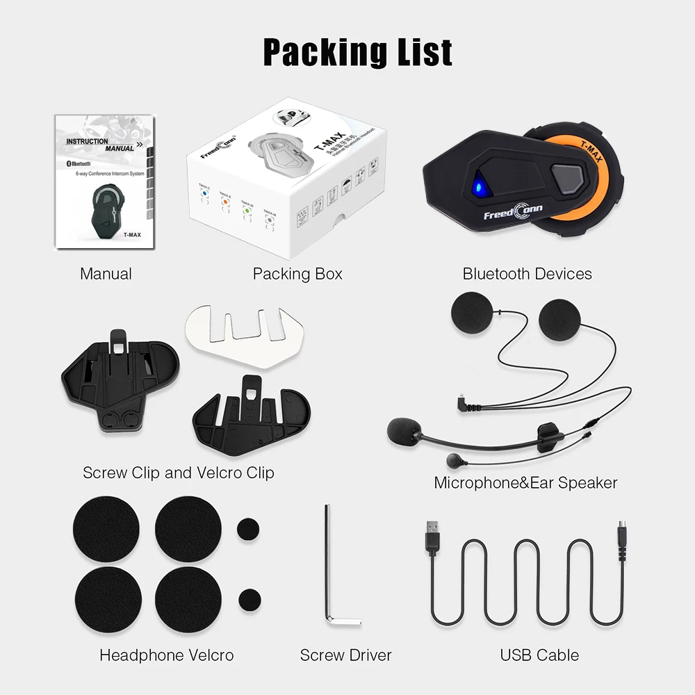 

T-MAX Motorcycle Helmet Bluetooth Intercom Headset 6Riders 1000M Group Talk System Waterproof FM Radio Helm Headphone Interphone