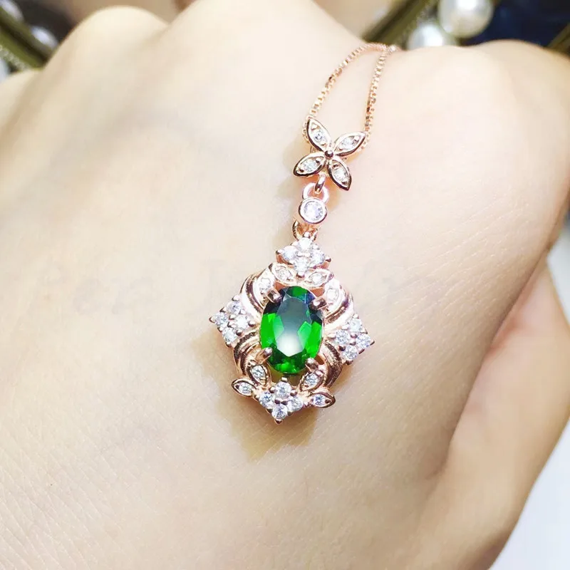 Per jewelry Natural real diopside flower style necklace pendant 1ct gemstone Free shipping 925 sterling silver Q910261 | Украшения и