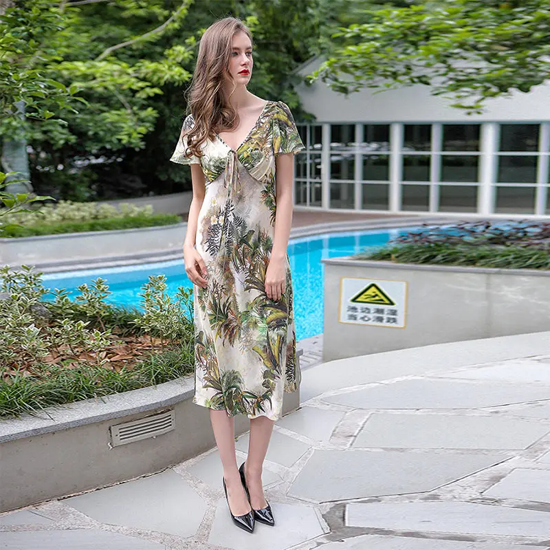 

VOA Summer Sexy Big V-neck Holiday Beach Nightdress Casual Silk Nightgown Bohemian Leisure Comfort Print Sleepwear NLX00302