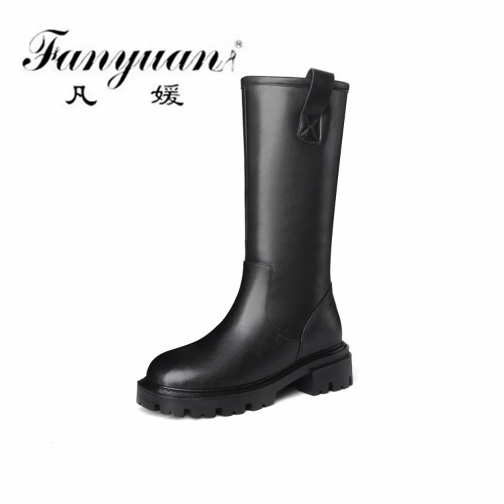 

Fanyuan осенне-зимняя теплая обувь из натуральной кожи женские длинные сапоги модные лаконичные зимние сапоги Повседневные Средние Сапоги
