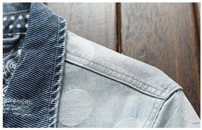 BONJEAN Mens Polka Dot Denim Jacket Mal Rock Fashion Light Blue Slim Casual Biker Jackets Coat Drop Shipping