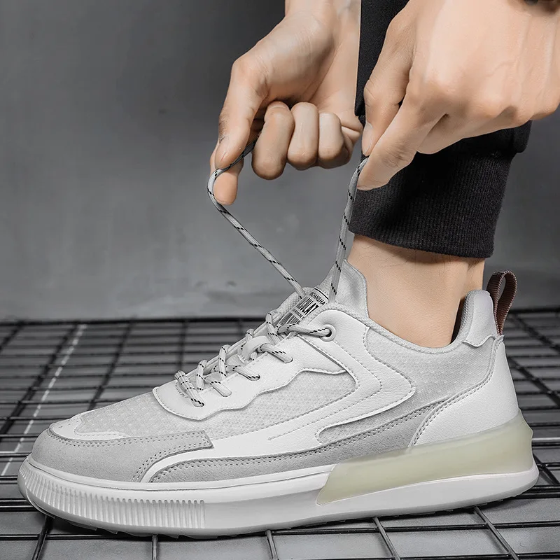 

Spring Summer Men Casual Shoes High End Leather Mesh Patchwork Breathable Sneakers Fashion Cool Comfortable Flat Shoes 3 Colors