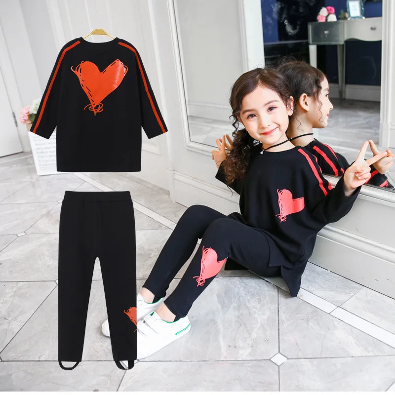 Girls Stretch Long Sleeve 2 Pcs Clothing Spring Autumn Casual Pullover Costume Fashion Children Clothes For 2-8 Years