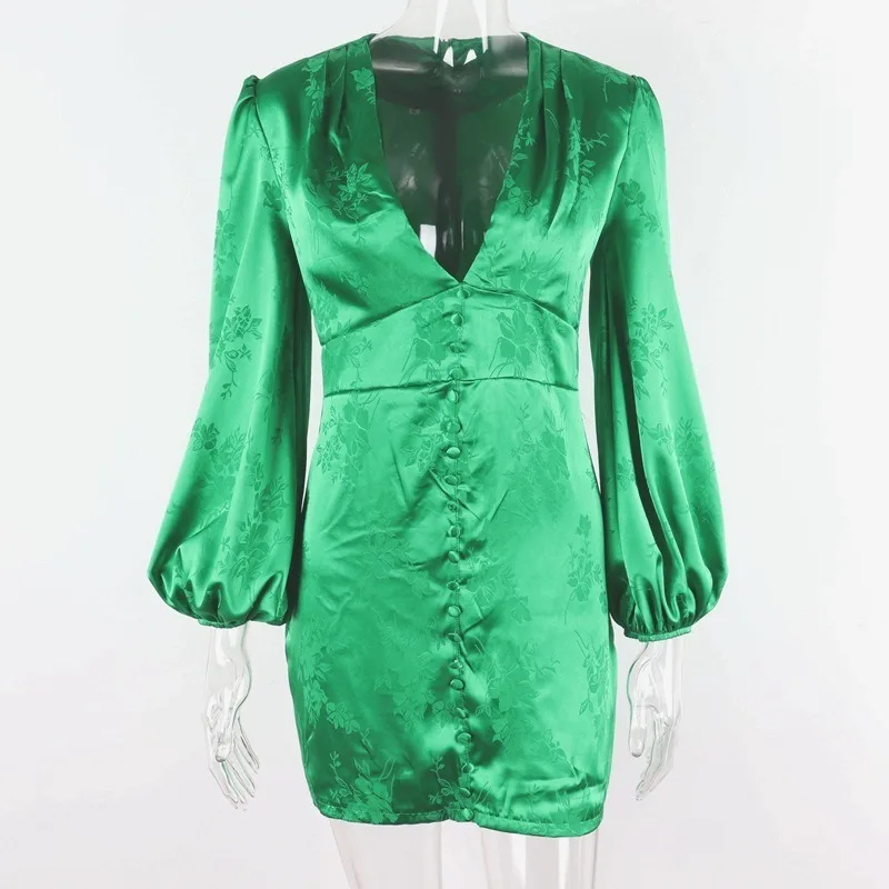 

Vintage Women Satin Dresses Green Sexy Deep V Neck Botton Lantern Sleeve Mini Dress Sexy Female Night Club Autumn Party Dresses