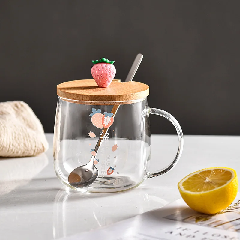 

3D Lid Cartoon Strawberry Cute Water Glass Transparent Mug Borosilicate Glasses Milk Bottle Coffee Juice Drinkware Cup Gift