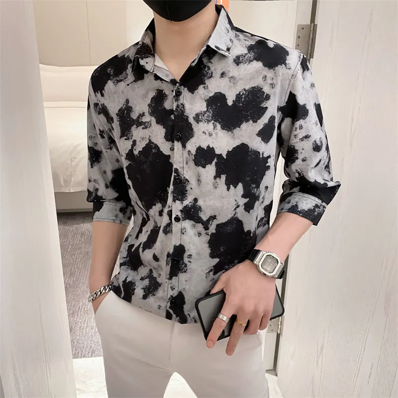 

Summer Tie Dye Shirts for Men Half Sleeve Streetwear Tops Social Shirt Male Casual Slim Fit Party Blouse Clothing Chemise Homme