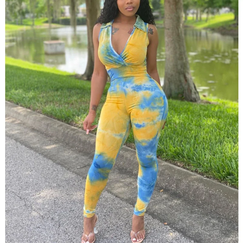 

2020 Deep V neck Sleeveless Women Gradient Sexy Full Length Skinny Women's Jumpsuit