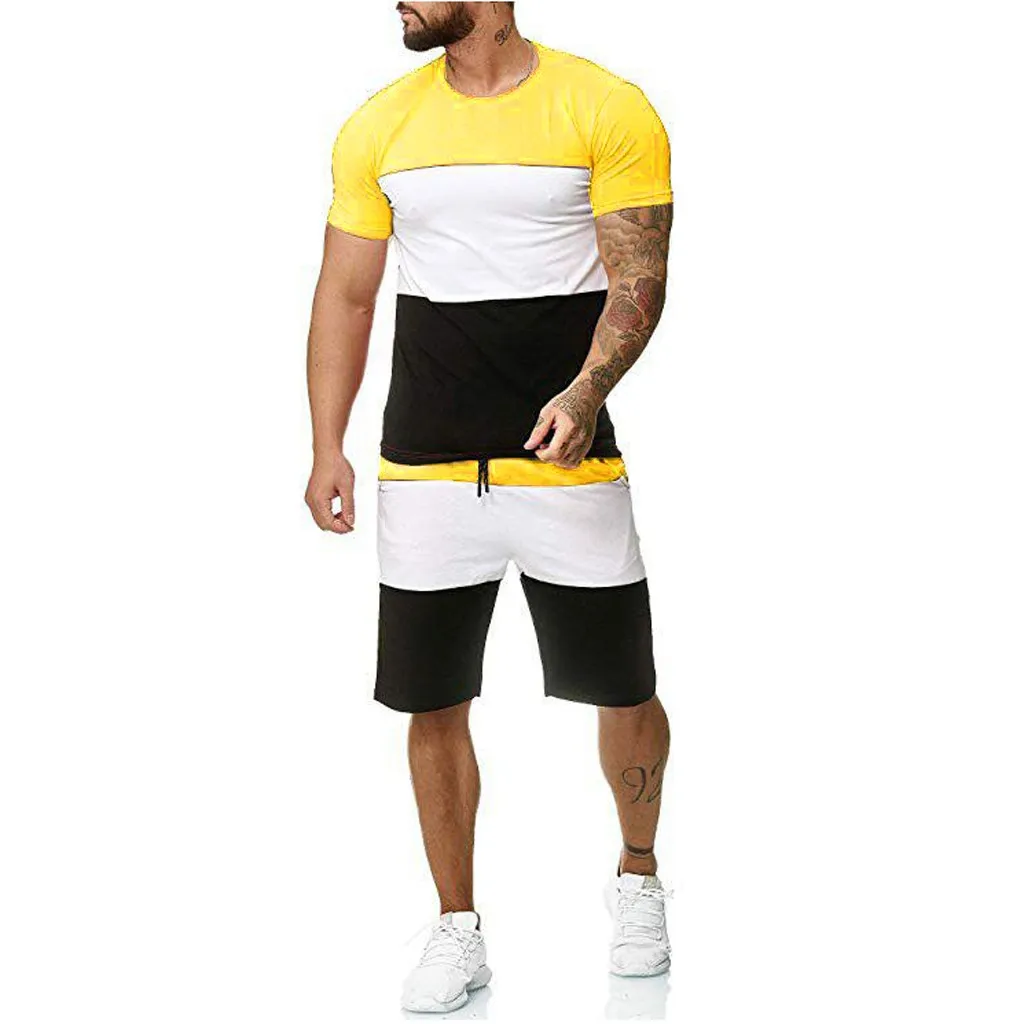 

2021 The new Summer Men Set Fitness Suit Sporting Suits Short Sleeve T Shirt + Shorts Quick Drying 2 Piece Joining Together Set