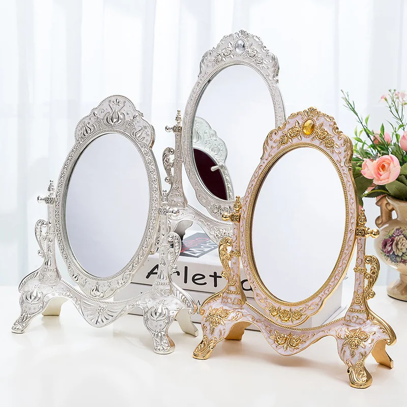 

European Style Makeup Mirror Metal Gold Silver Single Face Standing Mirror Table Decorative Mirrors Vintage Mirror Gift Women