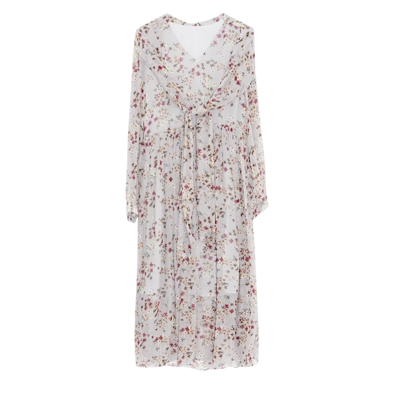 

Jinju Spring Women's Dress Broken Flower Medium Length Bow Collar Lace Up Temperament Printed Mulberry Silk Elegant Dresses