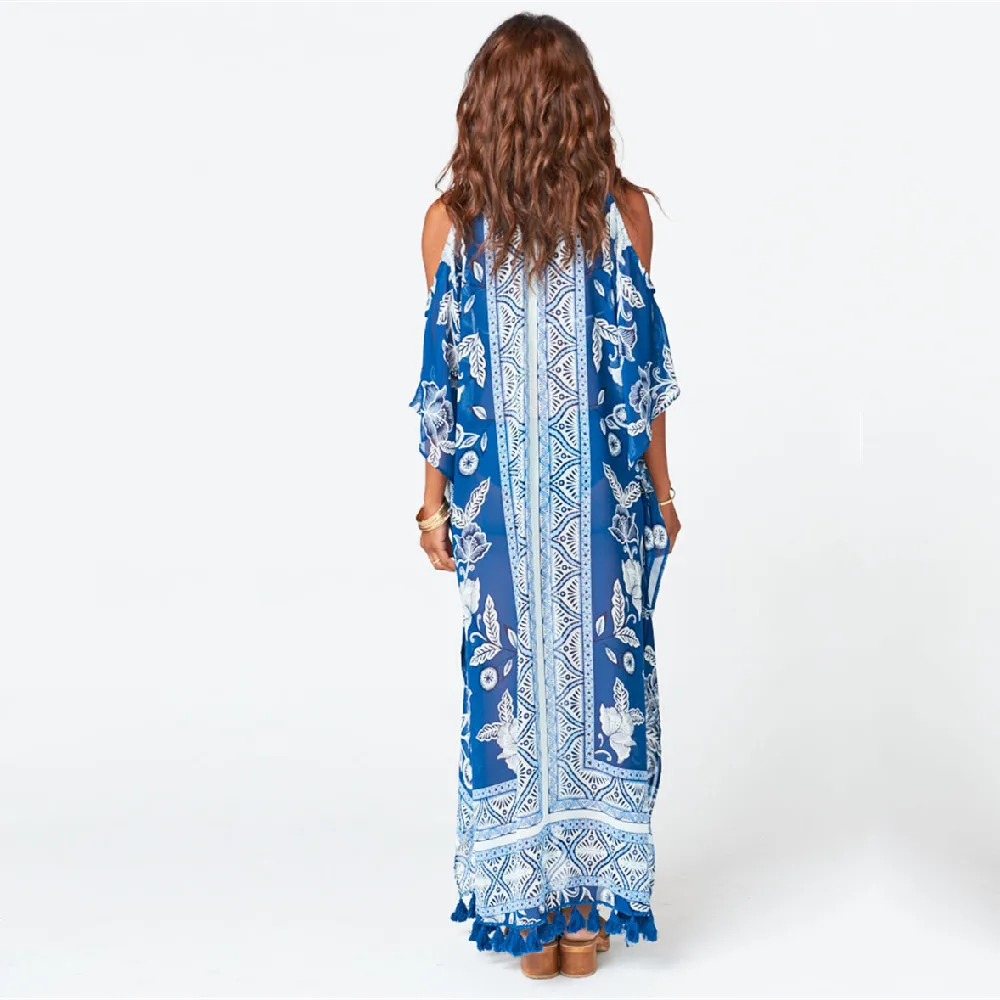 2022 голубое богемное пляжное платье на шнуровке с открытыми плечами и рукавом