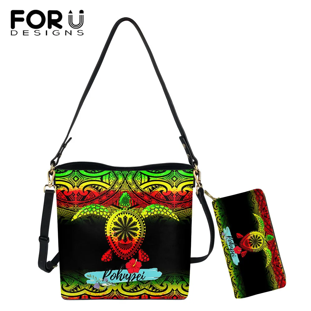 

FORUDESIGNS Vintage Women's Shoulder Bucket Bag Gradient Polynesian Tribe And Turtle Women Pu Clutch Purse 2pcs Sac A Main Mujer
