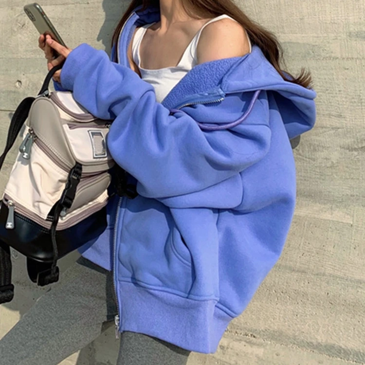 

Korean Pop Oversize Velvet Warm Wild Lady Tops 2021 Autumn Winter Women Sweatshirt Pockets Zip Up Hoodie