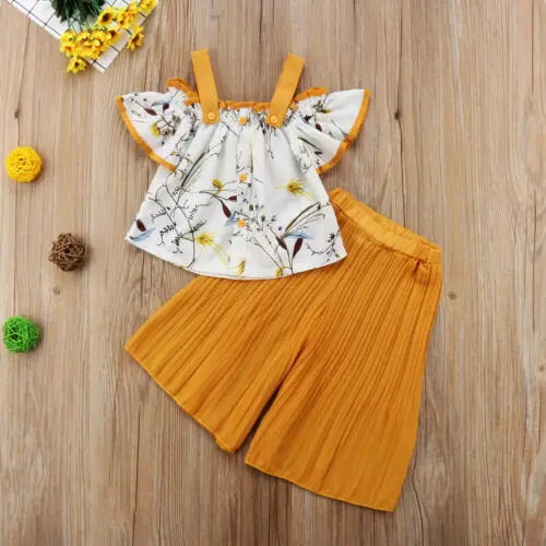 

1-6Y Toddler Kids Baby Girl Off shoulder Floral T-shirt Tops+Ruffles Wide Leg Pant Trouser 1PCS Outfits Fashion Children Clothes