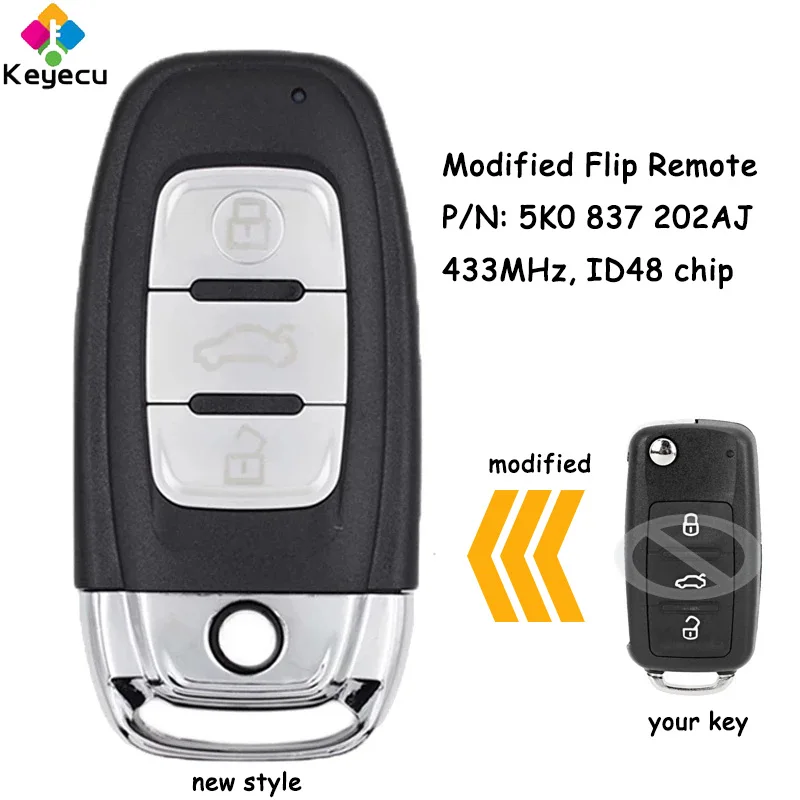 Модифицированный откидной дистанционный ключ KEYECU с чипом ID48 433 МГц для Volkswagen Tiguan