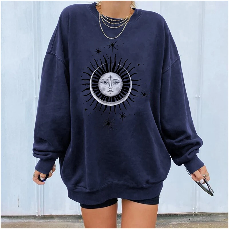 

Women Casual Loose Sweatshirts Tops Adults Sun Face Print Long Sleeve Round Neck Pullover Hoodies Clothing Casual Female Autumn